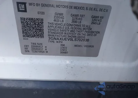 2020 Chevrolet Equinox Awd Lt 1.5L Turbo from USA, damaged, VIN 3GNAXUEV0LS702030